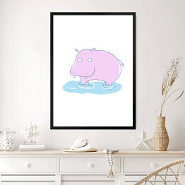 Obraz w ramie Różowy hipopotam w wodzie - ilustracja