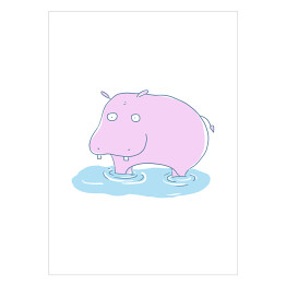 Plakat Różowy hipopotam w wodzie - ilustracja