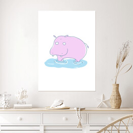 Plakat Różowy hipopotam w wodzie - ilustracja