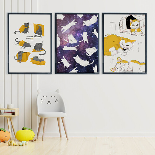 Galeria ścienna Koty w kartonach. Koty w Kosmosie - zestaw plakatów 