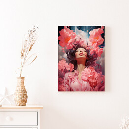 Obraz na płótnie Z głową w chmurach. Portret kobiety z różowymi kwiatami