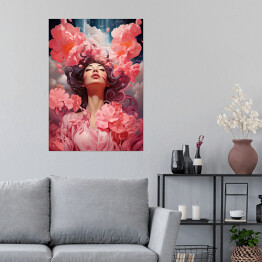 Plakat samoprzylepny Z głową w chmurach. Portret kobiety z różowymi kwiatami