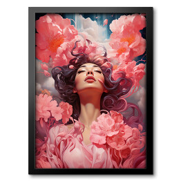 Obraz w ramie Z głową w chmurach. Portret kobiety z różowymi kwiatami