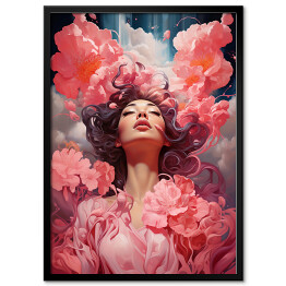 Plakat w ramie Z głową w chmurach. Portret kobiety z różowymi kwiatami