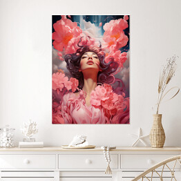Plakat samoprzylepny Z głową w chmurach. Portret kobiety z różowymi kwiatami