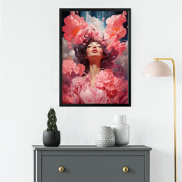 Obraz w ramie Z głową w chmurach. Portret kobiety z różowymi kwiatami