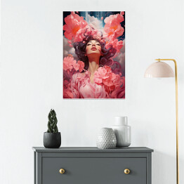 Plakat Z głową w chmurach. Portret kobiety z różowymi kwiatami