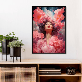 Plakat w ramie Z głową w chmurach. Portret kobiety z różowymi kwiatami