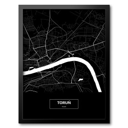 Obraz w ramie Mapa Torunia czarno-biała z napisem na czarnym tle