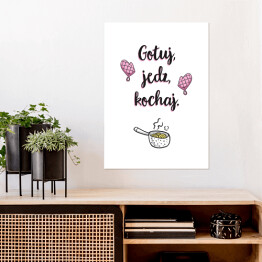 Plakat samoprzylepny "Gotuj, jedz, kochaj" - typografia na białym tle