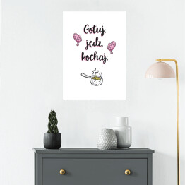 Plakat samoprzylepny "Gotuj, jedz, kochaj" - typografia na białym tle