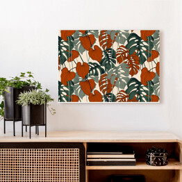Obraz na płótnie Kolekcja #inspiredspace - rośliny - zielono pomarańczowa monstera na beżowym tle