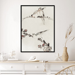 Plakat w ramie Trzy ptaki siedzące na gałęziach z kwiatami. Hokusai Katsushika. Reprodukcja