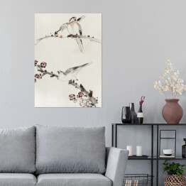 Plakat Trzy ptaki siedzące na gałęziach z kwiatami. Hokusai Katsushika. Reprodukcja