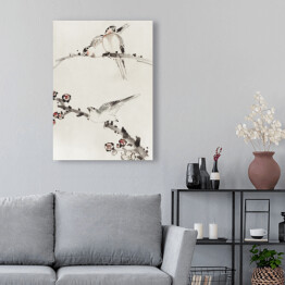 Obraz klasyczny Trzy ptaki siedzące na gałęziach z kwiatami. Hokusai Katsushika. Reprodukcja