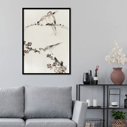 Plakat w ramie Trzy ptaki siedzące na gałęziach z kwiatami. Hokusai Katsushika. Reprodukcja