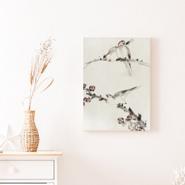 Obraz klasyczny Trzy ptaki siedzące na gałęziach z kwiatami. Hokusai Katsushika. Reprodukcja