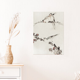 Plakat samoprzylepny Trzy ptaki siedzące na gałęziach z kwiatami. Hokusai Katsushika. Reprodukcja