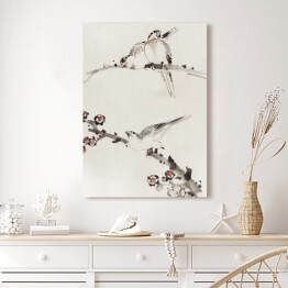 Obraz na płótnie Trzy ptaki siedzące na gałęziach z kwiatami. Hokusai Katsushika. Reprodukcja