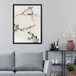 Obraz w ramie Trzy ptaki siedzące na gałęziach z kwiatami. Hokusai Katsushika. Reprodukcja