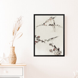Obraz w ramie Trzy ptaki siedzące na gałęziach z kwiatami. Hokusai Katsushika. Reprodukcja