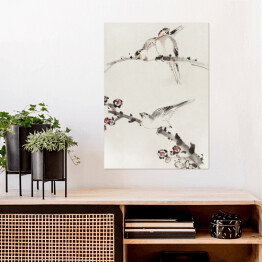 Plakat Trzy ptaki siedzące na gałęziach z kwiatami. Hokusai Katsushika. Reprodukcja