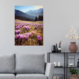 Plakat Górski krajobraz z kwiatami na polanie