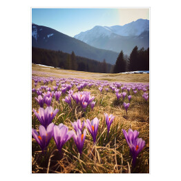 Plakat samoprzylepny Górski krajobraz z kwiatami na polanie