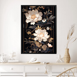 Obraz w ramie Czarno złota kompozycja z jasnymi kwiatami