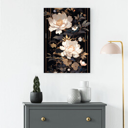 Obraz klasyczny Czarno złota kompozycja z jasnymi kwiatami