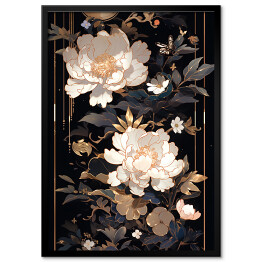 Obraz klasyczny Czarno złota kompozycja z jasnymi kwiatami