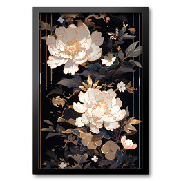 Obraz w ramie Czarno złota kompozycja z jasnymi kwiatami
