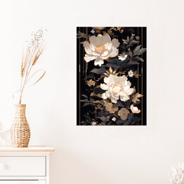 Plakat Czarno złota kompozycja z jasnymi kwiatami