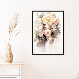 Plakat w ramie Portret kobiecy. Pastelowe kwiaty we włosach