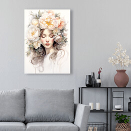 Obraz na płótnie Portret kobiecy. Pastelowe kwiaty we włosach