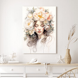 Obraz na płótnie Portret kobiecy. Pastelowe kwiaty we włosach
