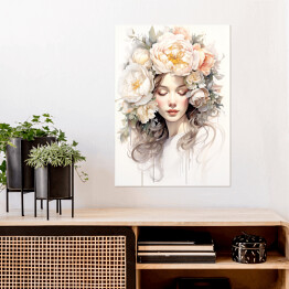 Plakat Portret kobiecy. Pastelowe kwiaty we włosach
