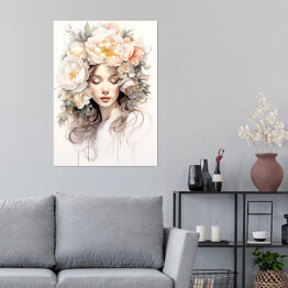 Plakat Portret kobiecy. Pastelowe kwiaty we włosach