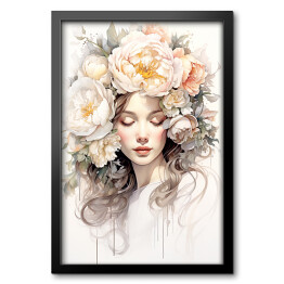 Obraz w ramie Portret kobiecy. Pastelowe kwiaty we włosach