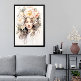 Obraz w ramie Portret kobiecy. Pastelowe kwiaty we włosach