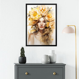 Obraz w ramie Portret kobieta z kwiatami we włosach