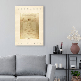 Obraz na płótnie Leonardo da Vinci "Człowiek Witruwiański" - reprodukcja z napisem. Plakat z passe partout