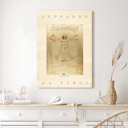 Obraz klasyczny Leonardo da Vinci "Człowiek Witruwiański" - reprodukcja z napisem. Plakat z passe partout
