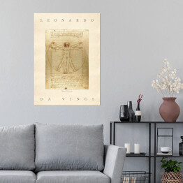 Plakat Leonardo da Vinci "Człowiek Witruwiański" - reprodukcja z napisem. Plakat z passe partout