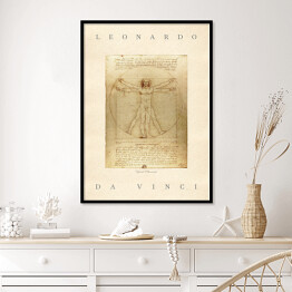 Plakat w ramie Leonardo da Vinci "Człowiek Witruwiański" - reprodukcja z napisem. Plakat z passe partout