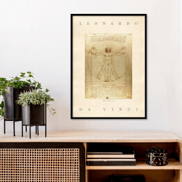 Plakat w ramie Leonardo da Vinci "Człowiek Witruwiański" - reprodukcja z napisem. Plakat z passe partout