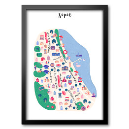 Obraz w ramie Kolorowa mapa Sopotu z symbolami