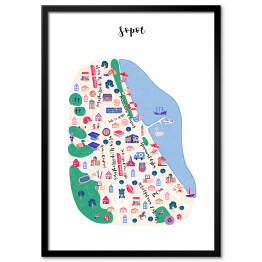 Plakat w ramie Kolorowa mapa Sopotu z symbolami