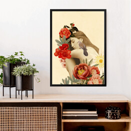 Kobieta z kwiatami i ptakiem na ramieniu