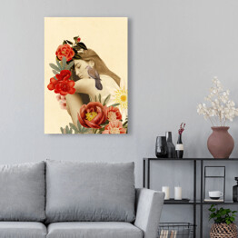 Obraz na płótnie Kobieta z kwiatami i ptakiem na ramieniu